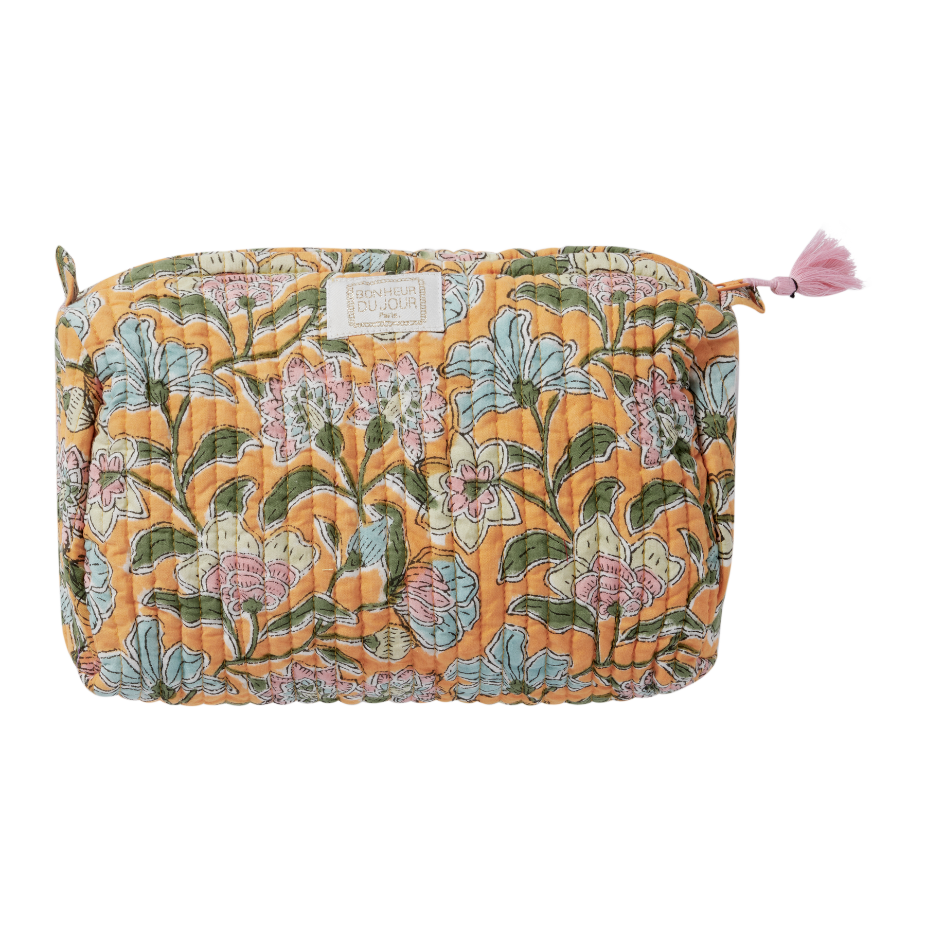 Bonheur du Jour - Borsa da toilette stampata con fiori indiani Indi Sakura Curry