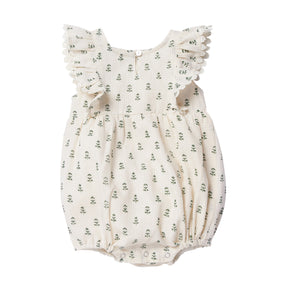 Cotton romper embroidered with green flowers