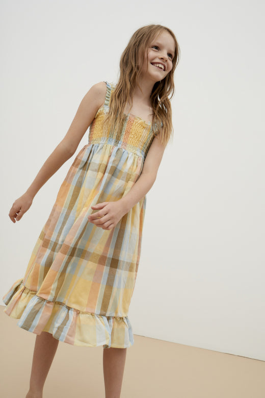 Woven checked linen and cotton dress
